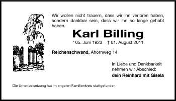 Traueranzeige von Karl Billing von Hersbrucker Zeitung